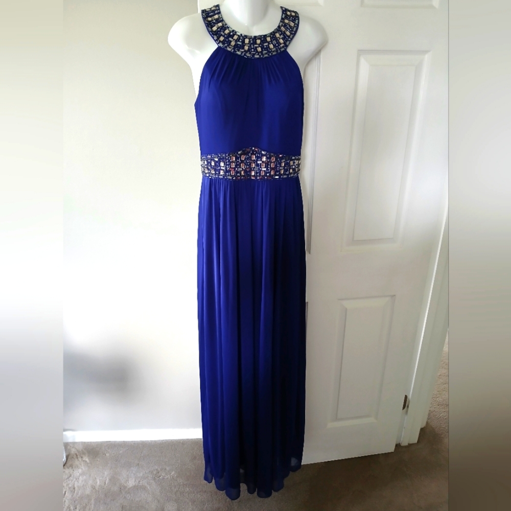 One by eight long, gorgeous blue jeweled dress. Size 8.